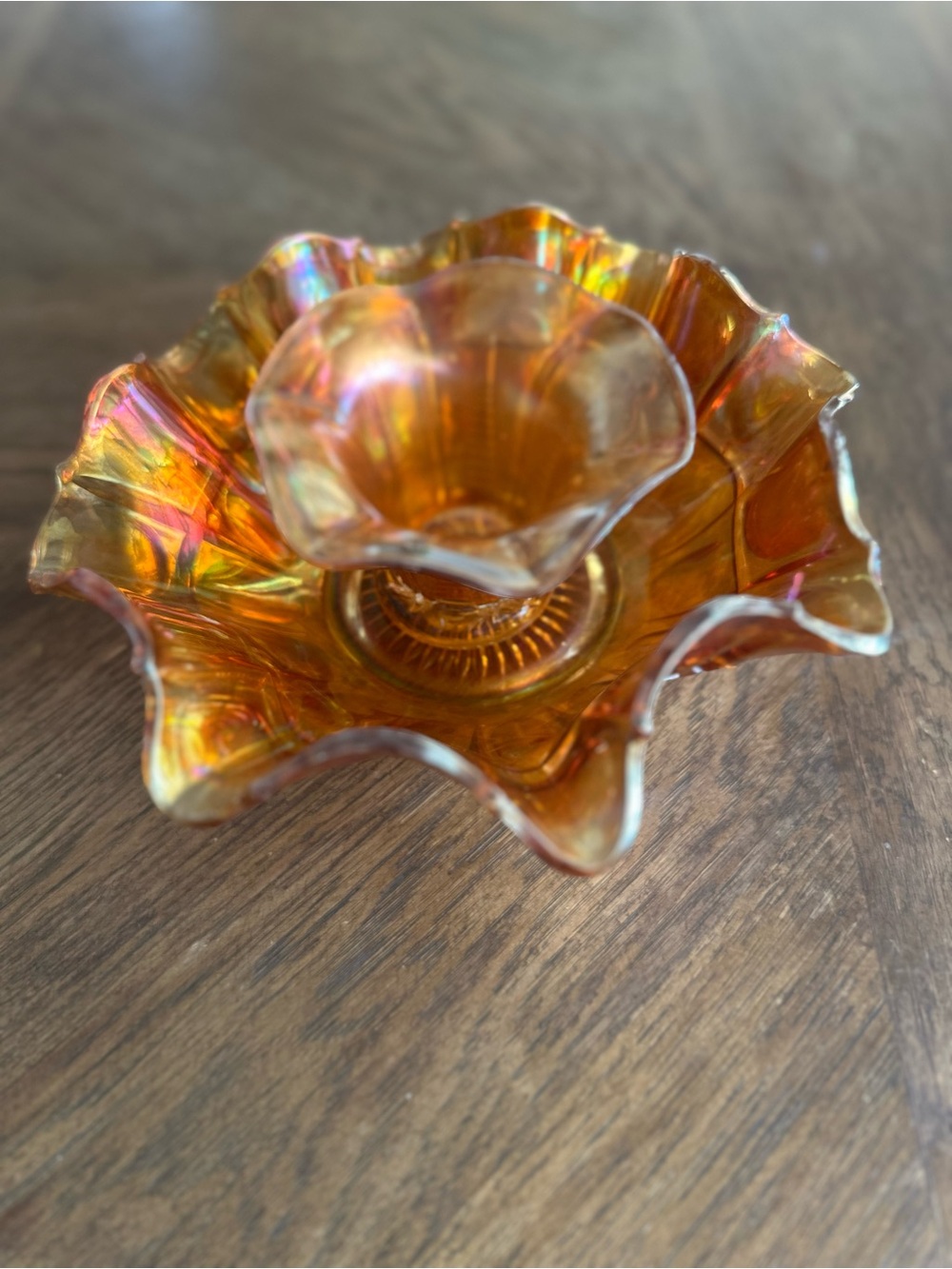 Vintage Carnival Glass Bowl with Carnival Glass Towers Vase.